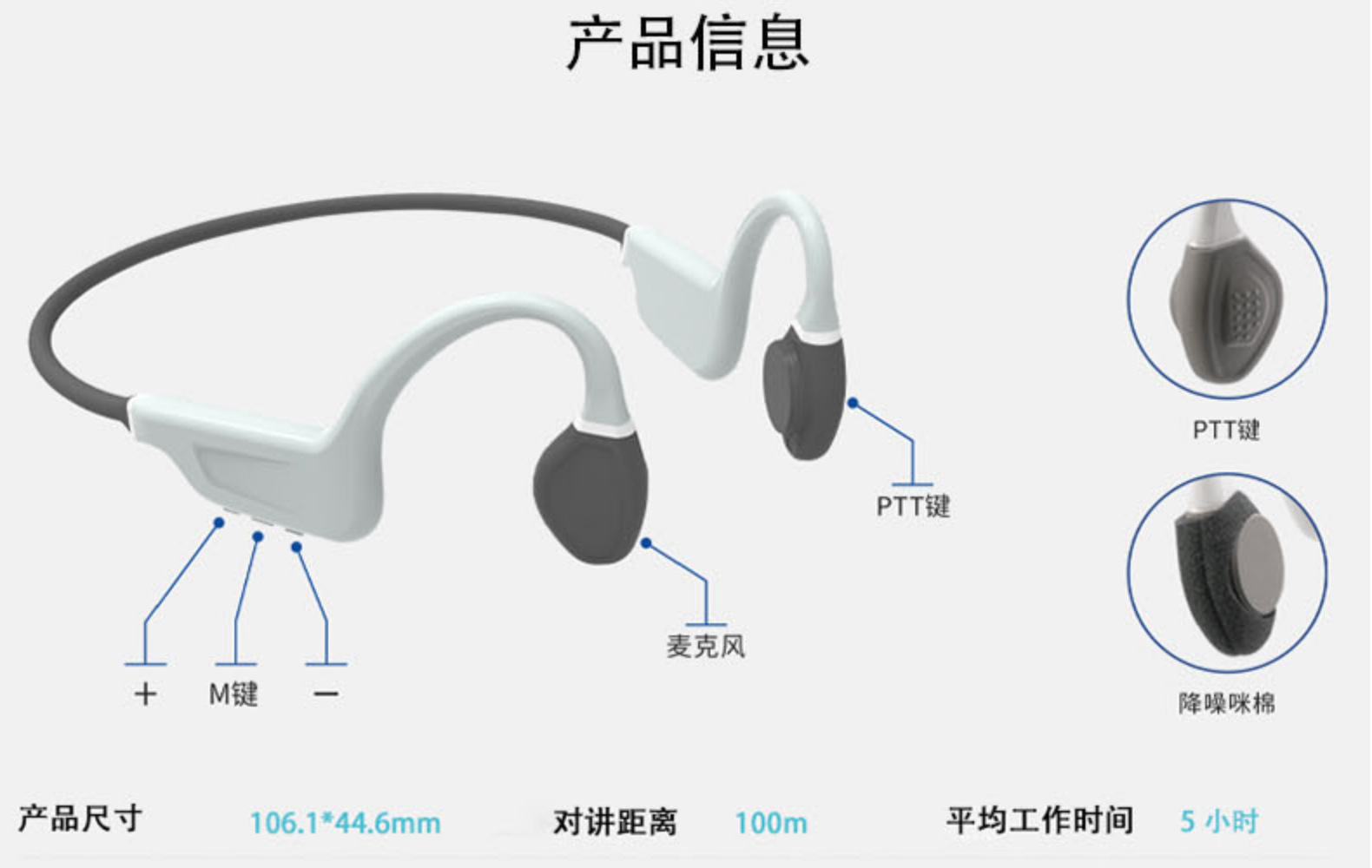蓝牙PTT骨传导无线耳机 共音混听 连接手机和对讲机 支持POC对讲(图3)